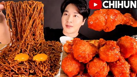 ASMR MUKBANG BLACK BEAN NOODLES FRIED CHICKEN jjapagetti 양념 치킨 짜파게티