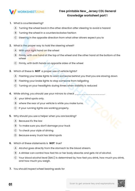 Free Printable New Jersey CDL General Knowledge Worksheet Part 1