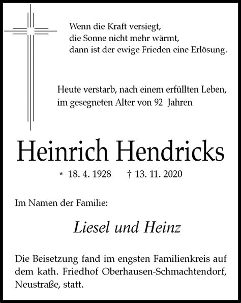 Traueranzeigen Von Heinrich Hendricks Trauer In Nrw De