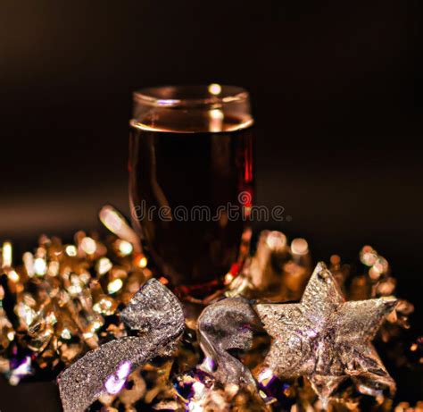 Close Up Of Glass Of Wine And Decorations On Black Background Stock