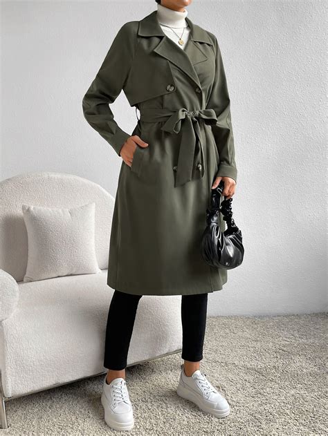 Shein Essnce Lapel Neck Raglan Sleeve Double Breasted Belted Trench