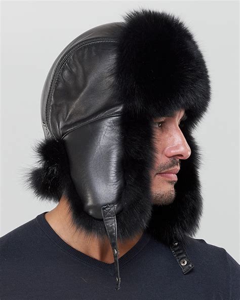 The Whistler Black Fox Fur Leather Trapper Hat For Men