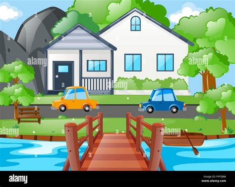 Two Cars Parked In Front Of House Illustration Stock Vector Image Art