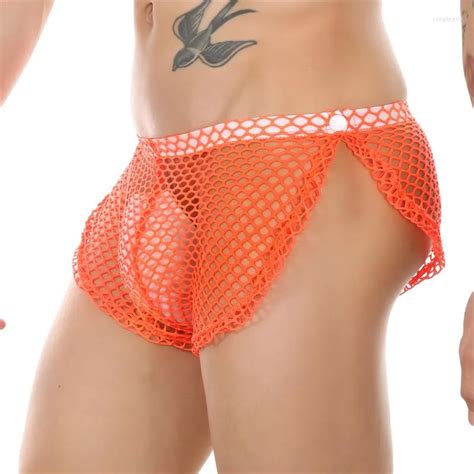 Underpants Sexy Men Sheer Lingerie Fishnet Underwear Buckle Side Split Boxer Mesh Underpant Gay