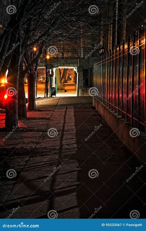 Dark City Street at Night stock image. Image of alley - 95533567