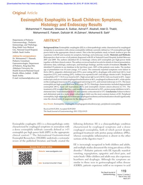 (PDF) Eosinophilic Esophagitis in Saudi Children: Symptoms, Histology ...