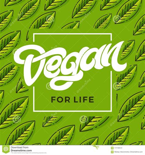 Vegan For Life Lettering Green Seamless Pattern With Leaf Handwritten