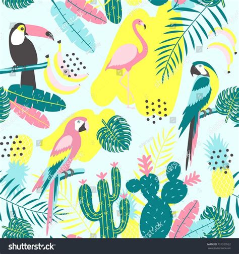 Tropical Seamless Pattern Toucan Flamingos Parrot Stock Vector Royalty