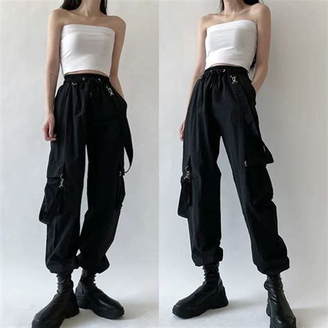 Women Fashion Harajuku Cargo Pants Black Detachable Strap Trousers