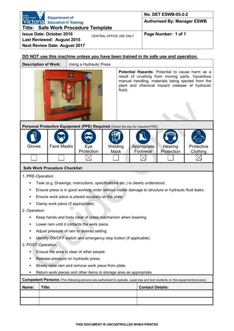 Safe Work Procedure Template