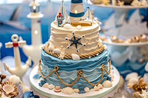 Nautical Themed Birthday Cake With Anchors Ropes Ship Wheel And Seaside