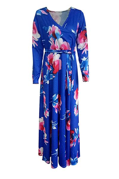 Fashion V Neck Three Quarter Sleeves Floral Print Purplish Blue Healthy