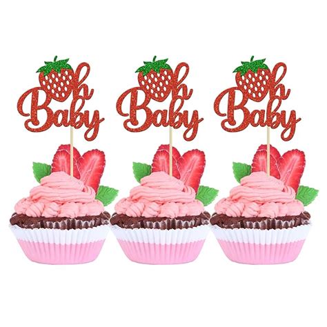 Amazon Gyufise 24Pcs Strawberry Oh Baby Cupcake Toppers Glitter