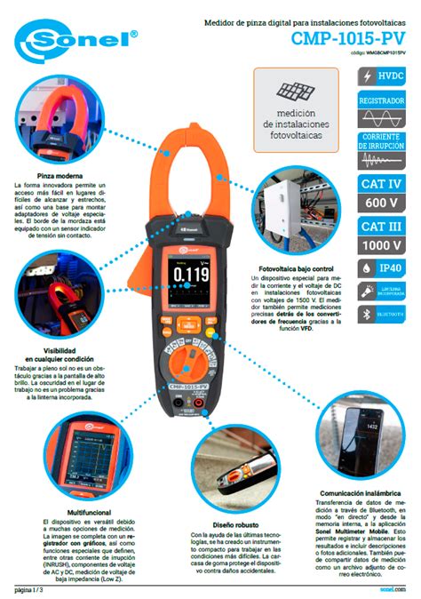 Ficha técnica pinza amperimétrica CMP 1015PV PBTechnologies SRL