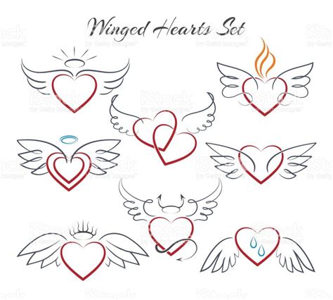 Winged Heart Set Hearts With Wings In Doodle Style Vector Wings