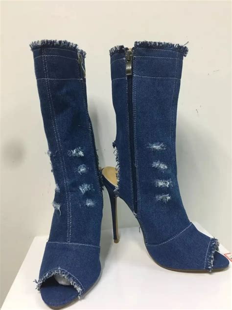 Real Picture 2017 Spring Autumn Ladies Boots Blue Denim Boots High