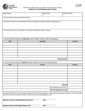 Fillable Online Form Cshcn Statement Of Self Employment Income