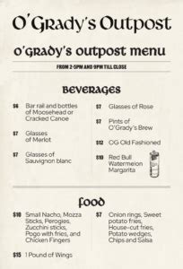 Menus O Grady S Outpost