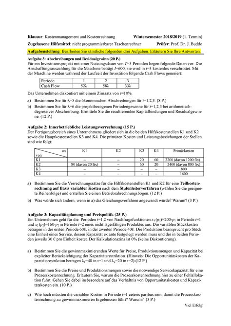 Klausur Februar Viel Erfolg Klausur Kostenmanagement Und