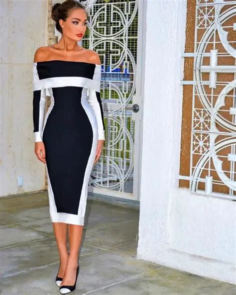 Top Quality Women Sexy Off Shoulder Knee Length Black White Bandage Dress 2017 Knitted Bodycon