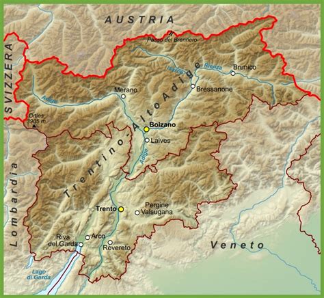 Trentino-Alto Adige physical map - Ontheworldmap.com