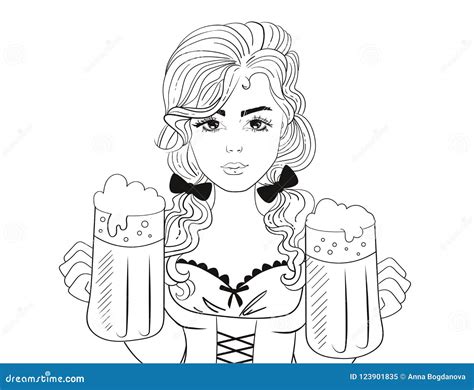 Oktoberfest Woman Waitress With Beer Sketch Vector Cartoon Stock