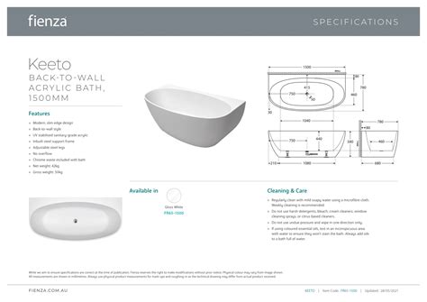 Fienza Keeto 1500 Bathtub Back To Wall Acrylic Bath Tub Gloss White