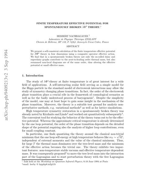 Pdf Finite Temperature Effective Potential For Spontaneously Broken Lambda Phi 4 Theory