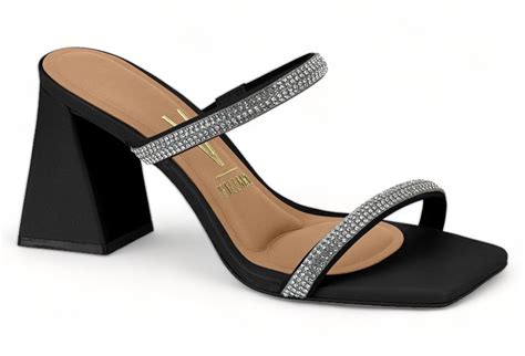 Tamanco Feminino Vizzano Salto Geometrico Tiras Strass Preto