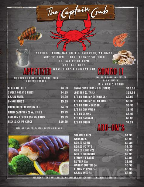 The Captain Crab Menu In Lakewood Washington Usa