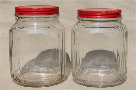 Hoosier Vintage Glass Jars W Red Painted Metal Lids Pantry Storage Jars Or Kitchen Canisters