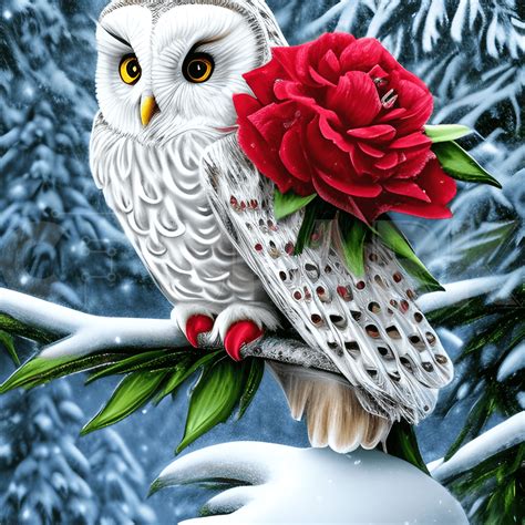 Owl in a Snowy Tree with Roses · Creative Fabrica