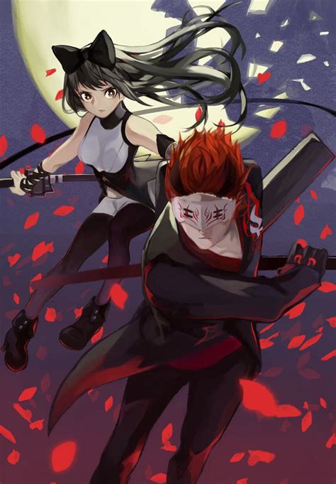 Two Anime Characters In Front Of A Full Moon One With Red Hair And The Other Black