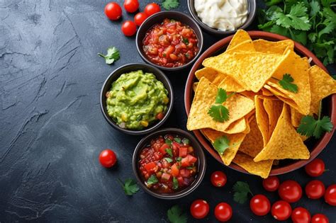 Premium Photo Nachos Golden Tortilla Chips With Different Dips In Containers Avocado Dip Queso