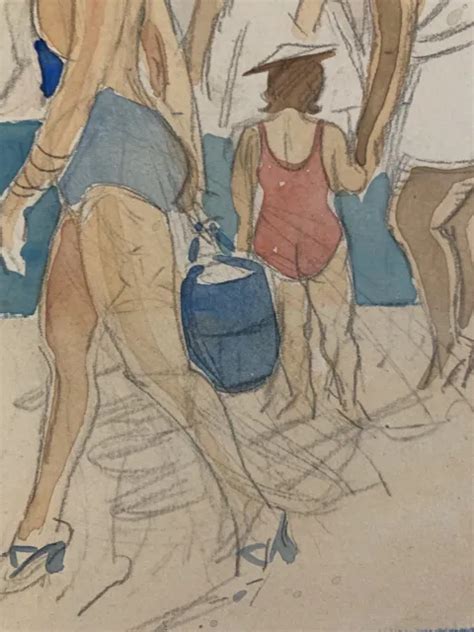 BELLE PEINTURE AQUARELLE 1930 Mer Méditerranée Plage Marseille Art Deco