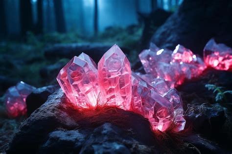 Premium Ai Image Glowing Crystals On A Rock In The Forest