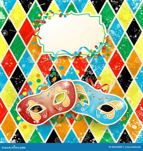 Carnival Illustration With Masks And Label On Harlequin Background