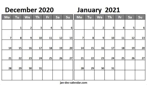 December 2020 To January 2021 Calendar Printable Printable Blank