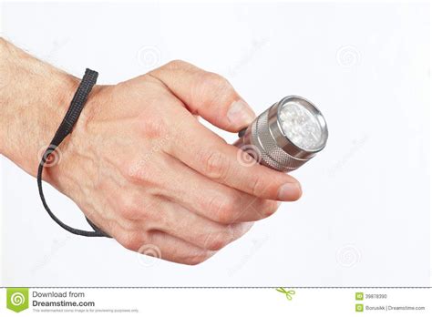 Hand Holding A Led Flashlight On White Background Stock Photo Hand