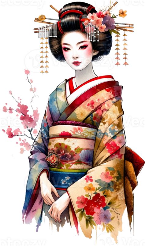 Ai Generated Geisha With Cherry Blossoms Watercolor Clipart Isolated