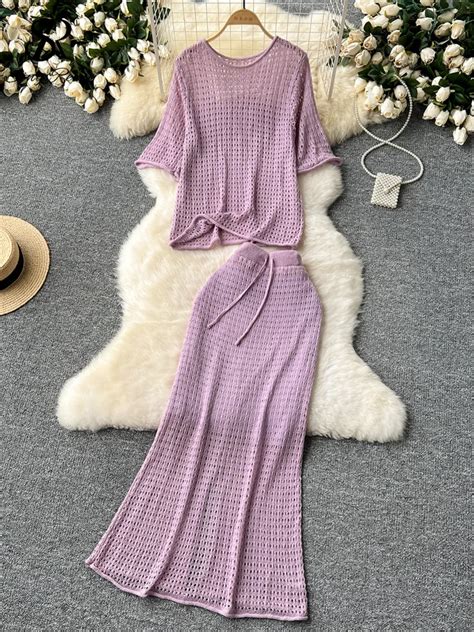 Singreiny Beach Vacation Knitted Suits Women O Neck Hollow Out Split