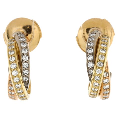 Cartier Trinity Hoop Earrings 18k Tricolor Gold With Pave Diamonds