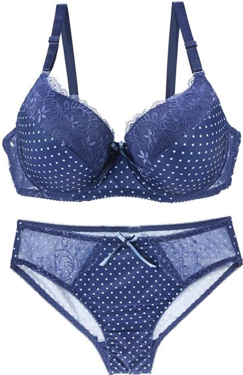 Swbreety Women Bra And Panty Set Satin Bowknot Lace Polka Dot Underwire Bras Lingerie Set Blue