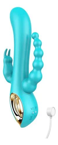 Vibrador Consolador Triple Anal Y Vaginal Estimulador Usb Color Turquesa Envío gratis