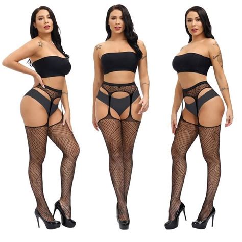 Jarretelles En Résille Grande Taille Sexy Entrejambe Ouvert Lingerie Taille Haute Collant