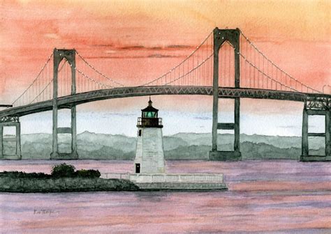 Goat Island Lighthouse And Pell Bridge Newport Harbor Rhode Island