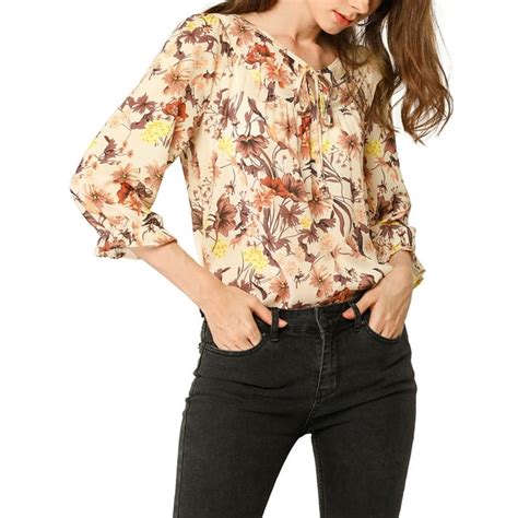 Allegra K Womens Tie V Neck Boho Ruffled 34 Sleeve Floral Blouse