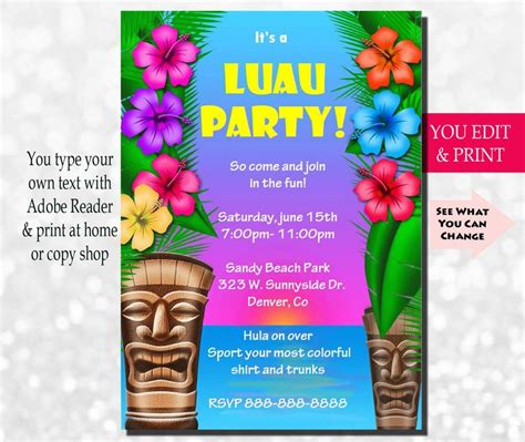 Luau Invitation Luau Party Invitation Luau Birthday Invitation Hawaiian Invitation Tropical