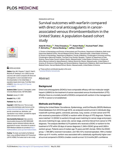 Pdf Survival Outcomes With Warfarin Compared With Direct Oral Anticoagulants In Cancer