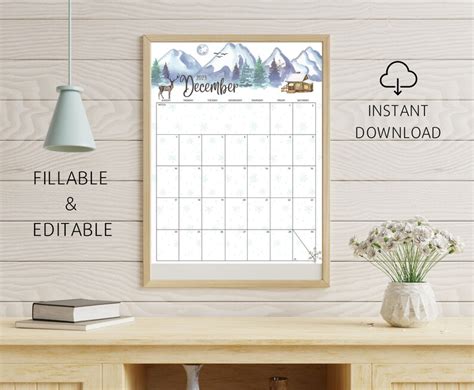 EDITABLE December 2023 Calendar Beautiful Winter Snowy Mountains